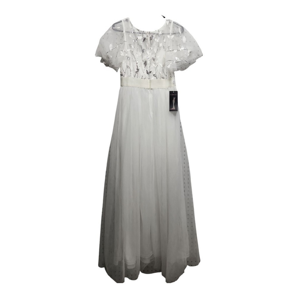 Women's White Sequin A-Line Evening Gown – Short Sleeve, Formal Long Dress, M(6) - Picture 3 of 15